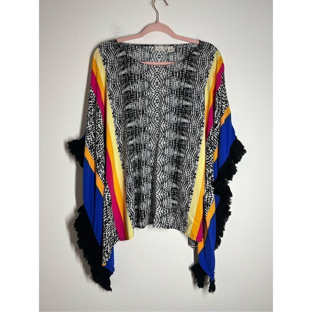 Westbound Patterned Colorful Fringe Trim Top Size 2XL
